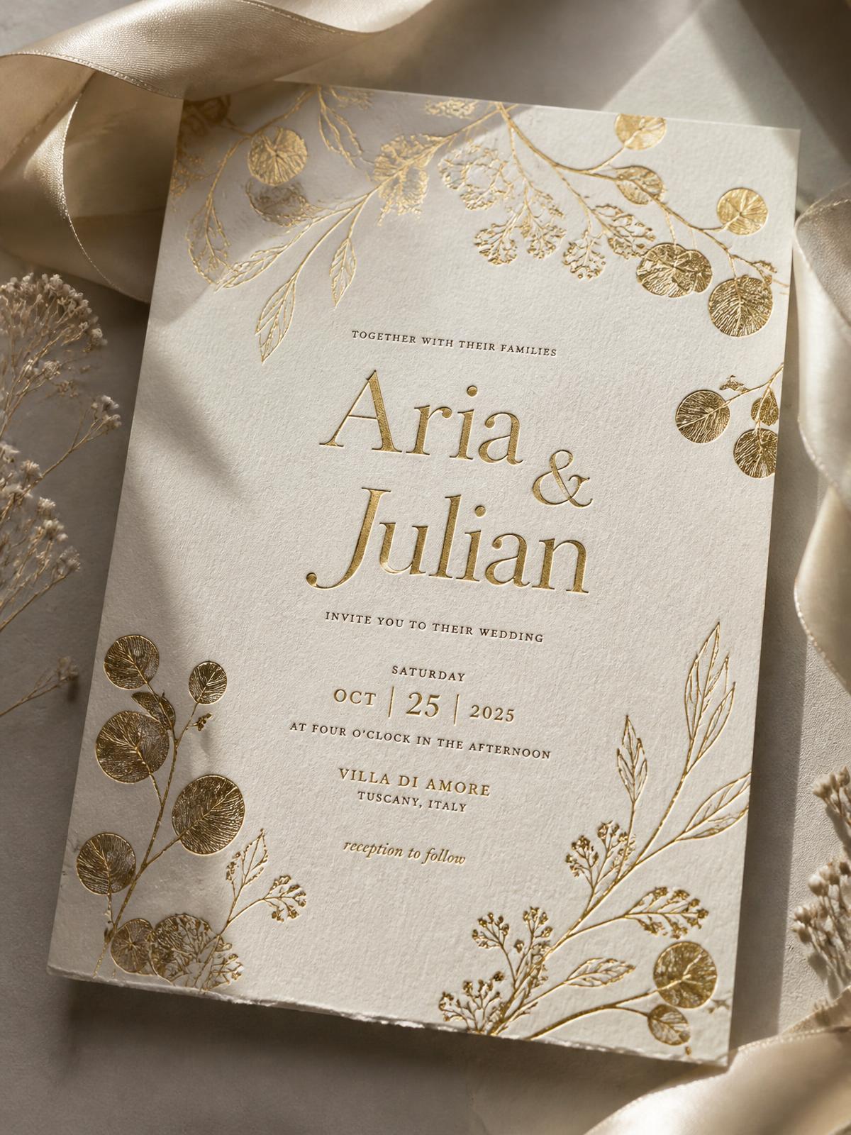 A premium wedding invitation card with gold foil botanical illustrations